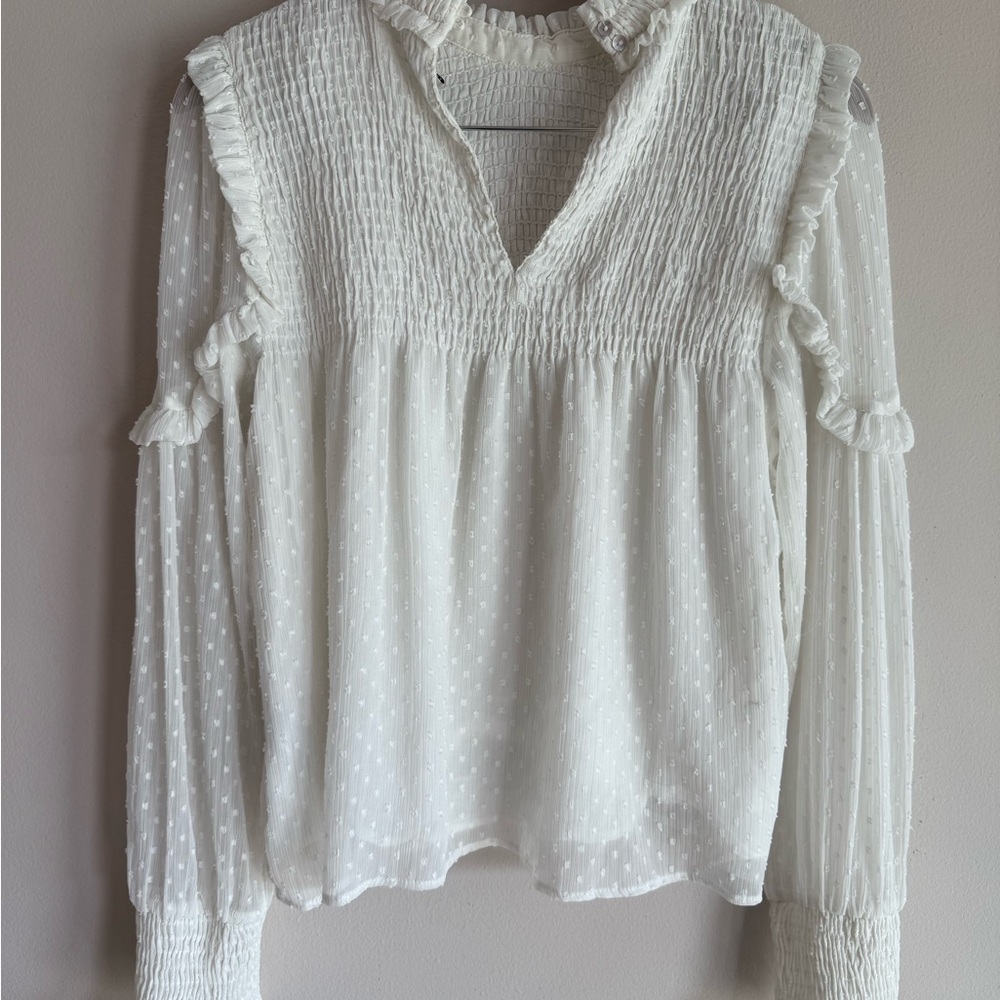Zara White Textured Blouse with Ruffles